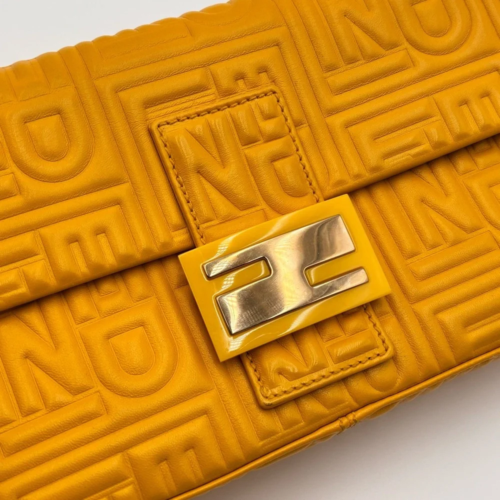 Fendi Yellow Embossed Zucca Leather Baguette Shoulder Bag Silver Hardware - Picture 6 of 12